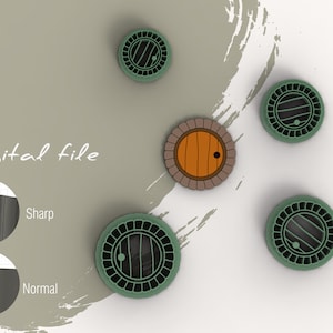 Pode incluir: Arquivo digital com vários desenhos circulares verdes e castanhos que se assemelham a ilustrações de portas de hobbit. Uma porta é castanha com uma porta redonda e as outras têm um design circular verde. O texto "Digital file" também está presente.