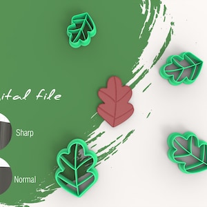 May include: Digital file download for a set of five green plastic oak leaf cookie cutters. The cutters are shown on a white surface with a green background.