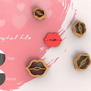 May include: Digital file for a set of five cookie cutters shaped like lips. The cutters are brown and have a glossy finish. The image also shows a red lip-shaped cookie cutter.