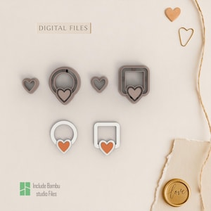 May include: A collection of heart-shaped cookie cutters in various designs. The cutters include a small heart, a heart within a circle, a heart within a square, and a heart outline. The words "DIGITAL FILES" are at the top.