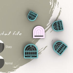 Könnte beinhalten: Fünf digitale Dateien für einen Ausstecher in Form eines Regenbogenbogens. Die Dateien werden in verschiedenen Farben angezeigt, darunter rosa, blau und schwarz. Der Text "Digitale Datei" ist im Bild sichtbar. Zwei Bilder zeigen den Unterschied zwischen einem scharfen und einem normalen Schnitt.