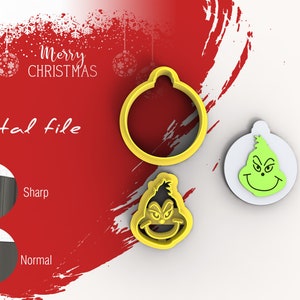 May include: A digital file featuring Christmas cookie cutter designs. The image shows a yellow bauble-shaped cutter, a Grinch face cutter, and a Grinch face design on a white bauble. The background is red with the text "Merry Christmas".