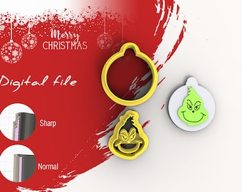 May include: A digital file with Christmas-themed cookie cutter designs. The image features a yellow ornament-shaped cutter, a Grinch face cutter, and a Grinch face design on a white ornament. The background is red with the text "Merry Christmas".