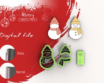 May include: A digital file for a set of five cookie cutters in the shape of snowmen. The cutters are green, white, and orange. The cutters are on a white background with a red background behind them. The text "Merry Christmas" is on the red background. The text "Digital file" is on the red background.