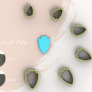 May include: A digital file for a cookie cutter in the shape of a spearhead. The cutter is shown in yellow and blue. The image also shows a close-up of the cutter's edge, which is labeled "Sharp" and "Normal".