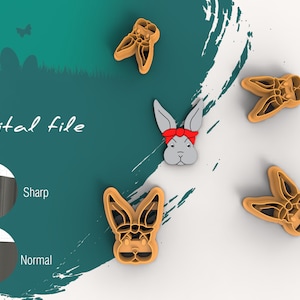 May include: Four brown plastic bunny cookie cutters with a gray bunny face cookie cutter in the center. The bunny face cookie cutter has a red bandana around its head. The text "Digital file" is in the background.
