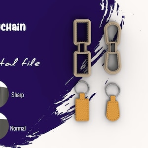 以下が含まれることがあります： 長方形と丸みを帯びた形の革製のキーホルダーのデジタルファイル。キーホルダーは、シャープとノーマルという2つの異なるスタイルで表示されています。画像には、茶色の革のストラップが付いた完成したキーホルダーが2つ表示されています。