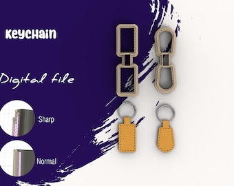 May include: Digital file for a leather keychain with a rectangular and a rounded shape. The keychain is shown in two different styles: sharp and normal. The image also shows two finished keychains with a brown leather strap.