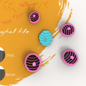 May include: Digital file download for a 3D printed cookie cutter. The cutter is shaped like a concha, a traditional Mexican sweet bread. The image shows the cutter in pink and blue, with a close-up of the cutter's edge showing the difference between a sharp and normal edge.