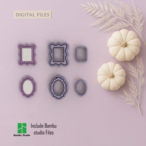 Könnte beinhalten: Eine Sammlung von lila Bilderrahmen-förmigen Ausstechern in verschiedenen Größen und Formen, darunter rechteckige und ovale Designs. Das Bild zeigt auch zwei weiße Kürbisse und den Text "DIGITAL FILES" und "Include Bambu studio Files".