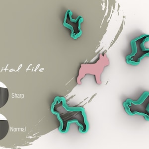 May include: Digital file download for a set of five cookie cutters. The cutters are shaped like dogs. One cutter is pink, and the other four are turquoise.