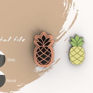 May include: Digital file for a pineapple cookie cutter. The cutter is brown and has a detailed design. A second image shows a yellow pineapple cookie.