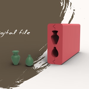 May include: The image shows a digital file with a red mold and two green vases. The mold has two vase impressions. The text "Digital file" is written in white cursive. The background is a mix of brown and white.