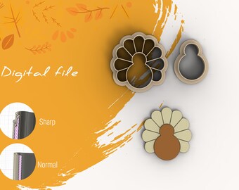 May include: Two cookie cutters, one shaped like a turkey and the other shaped like a round ball. The turkey cutter is brown and white, while the round cutter is brown. The cutters are on a white surface with a yellow background.
