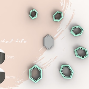 May include: Digital file download of seven hexagonal shapes, six are teal and one is grey. The teal shapes are layered with a darker teal outline. The grey shape is solid. The text "Digital file" is written in black on a pink background.