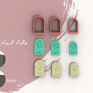May include: Digital file for a set of 9 cookie cutters. The cutters are in three different colors: red, teal, and beige. The cutters are shaped like arched windows with a potted plant inside. The text "Digital file" is visible in the image.