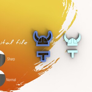 May include: Digital file for a 3D printed cookie cutter in the shape of a Viking helmet. The cutter is shown in two views, one with a sharp edge and one with a normal edge. The text "Digital file" is visible in the image.
