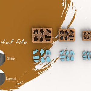 May include: Two sets of silicone molds for baking, one set is brown and the other is blue. The molds are shaped like a cactus, a crescent moon, a vase, and a wave. The molds are shown in two different sizes. The text "Digital file" is visible in the image.
