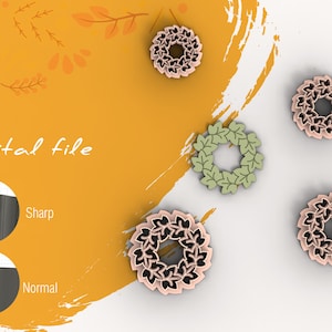 Puede incluir: Cuatro archivos digitales de coronas con diseños de hojas. Las coronas son en negro y rosa, verde y beige, y dos tonos de rosa. El texto "Digital file" es visible en la imagen. La imagen también muestra un primer plano de dos tipos de archivos diferentes: "Sharp" y "Normal".