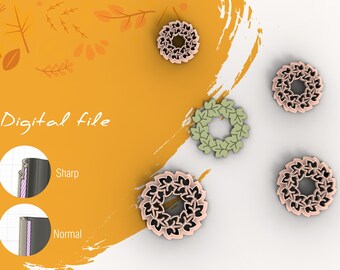 May include: Four digital files of wreaths with leaf designs. The wreaths are in black and pink, green and beige, and two shades of pink. The text "Digital file" is visible in the image. The image also shows a close-up of two different file types: "Sharp" and "Normal".