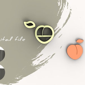 Könnte beinhalten: Eine digitale Datei für einen 3D-gedruckten Pfirsich-Ausstecher. Der Ausstecher ist in Gelb dargestellt, der Pfirsich in Orange. Der Text "Digitale Datei" ist ebenfalls im Bild zu sehen.