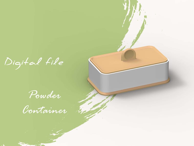May include: A digital file for a 3D printable powder container. The container is white with a light brown lid and a small handle.