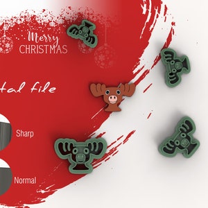 May include: Four digital files for a Christmas moose cookie cutter. The files are in SVG, DXF, PDF, and PNG formats. The moose has a brown nose and antlers, and a green body. The text "Digital file" is on a red background with white snowflakes.