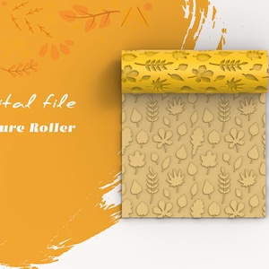 Può includere: Un file digitale per un rullo di texture con un motivo di foglie di varie forme e dimensioni. Il rullo è giallo e il motivo è marrone.