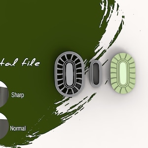 May include: Three oval-shaped cookie cutters in different sizes. The largest is gray with a detailed interior, the medium one is plain gray, and the smallest is light green. The words "Digital file" are in the upper left corner.