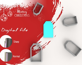 May include: Four gray plastic cookie cutters in the shape of a gift tag. The cutters are on a white surface with a red background. The text "Merry Christmas" is on the red background. The text "Digital file" is on the red background. There are two images of a cookie cutter edge, one labeled "Sharp" and the other labeled "Normal".