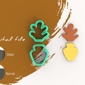 Puede incluir: Archivo digital para un juego de cortadores de galletas con una planta en una maceta. Los cortadores son de color azul turquesa y marrón. La imagen muestra los cortadores sobre un fondo blanco con un fondo marrón detrás de ellos. El texto "Archivo digital" está escrito en negro sobre el fondo marrón.