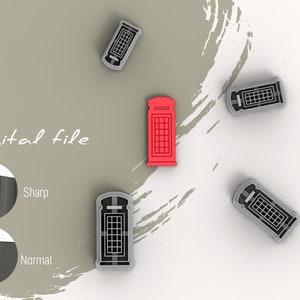 May include: A digital file for a 3D printed red telephone booth cookie cutter. The image shows the cookie cutter in red and four gray cookie cutters in different positions. The text "Digital file" is written on the image.