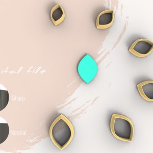 Puede incluir: Archivo digital descargable para un conjunto de siete cortadores de galletas con forma de hoja. Los cortadores son dorados con un interior negro. Un cortador se muestra en azul turquesa.