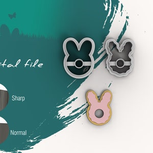May include: A digital file for a cookie cutter in the shape of a bunny rabbit with a circle in the middle. The cutter is shown in two different views, one with a sharp edge and one with a normal edge. The image also shows a pink and yellow cookie that has been cut out with the cutter.
