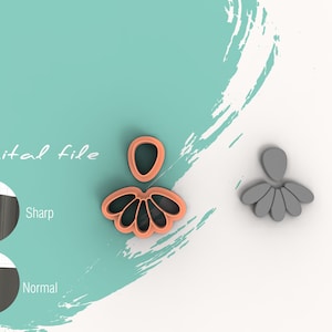 Pode incluir: Um arquivo digital para um brinco em forma de flor impresso em 3D. O brinco é mostrado em duas versões: uma versão nítida com bordas definidas e uma versão normal com bordas arredondadas. O texto "Arquivo digital" é visível na imagem.