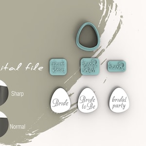 May include: A set of four cookie cutters for a bridal shower or wedding. The cutters are in the shape of an oval and a rectangle. The oval cutters say "Bride" and "Bride to Be". The rectangular cutters say "Bridal Party" and "Bride".
