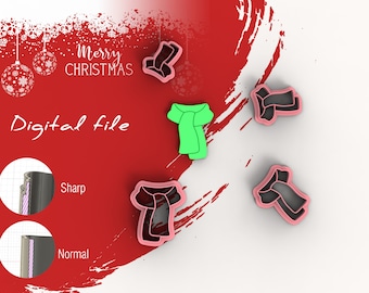 May include: A festive digital file design with a red and white Christmas theme. The image shows scarf-shaped cookie cutters in pink and black, and a green scarf. The words "Merry Christmas" and "Digital file" are also visible.