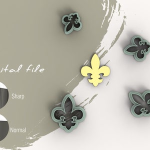 Könnte beinhalten: Fünf Ausstecher in Form einer Fleur-de-lis. Vier sind dunkelgrau und einer ist hellgelb. Das Bild zeigt auch eine Nahaufnahme der Kante eines Ausstechers, die den Unterschied zwischen einer scharfen und einer normalen Kante zeigt.