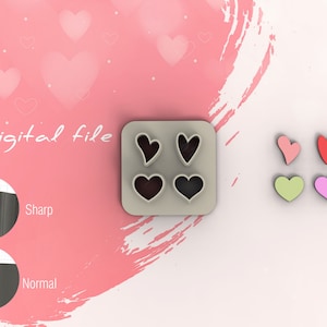 Op de afbeelding: Digitaal bestand met vier hartvormige koekjesuitstekers. De uitstekers zijn gerangschikt in een 2x2 raster. De uitstekers zijn grijs en de harten zijn zwart. Er zijn vier extra harten in verschillende kleuren: roze, rood, groen en lichtroze.