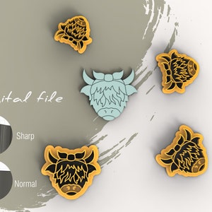 May include: Digital file download for a set of five cookie cutters. The cutters are shaped like a Highland cow head with a fluffy mane and a flower. The cutters are a light brown color.