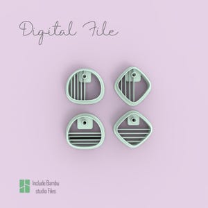 May include: Four light green geometric cookie cutters in various shapes: circle, square, and diamond. Each cutter has a series of vertical or horizontal lines and a small hole. The words "Digital File" and "Include Bambu studio Files" are also visible.