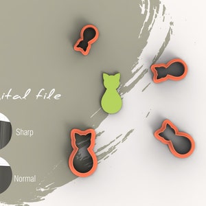 May include: Digital file for a set of five cookie cutters. The cutters are shaped like cats and are orange with black interiors. One cutter is green with a black interior. The text "Digital file" is visible in the image.