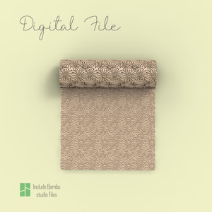 Może przedstawiać: Beżowy plik cyfrowy z kwiatowym wzorem, częściowo zwinięty. Tekst "Digital File" znajduje się na górze, a "Include Bambu studio Files" na dole.