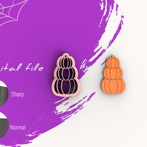 Op de afbeelding: Een digitaal bestand voor een koekjesvormpje in de vorm van een stapel van drie pompoenen. De vorm is roze en de afgewerkte koek is oranje.