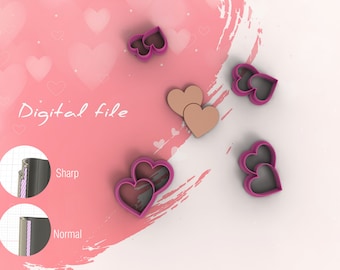 May include: A set of pink double heart cookie cutters. The cutters are shown on a pink and white background with the text "Digital file" and "Sharp" and "Normal".
