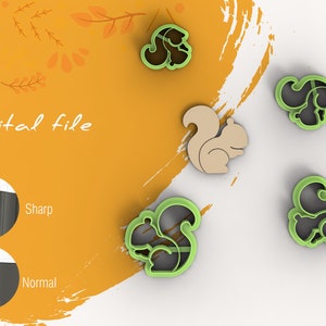May include: Digital file for a set of five cookie cutters shaped like squirrels. The cutters are green and black, with one cutter in a light brown color. The cutters are shown on a white and orange background with a leaf pattern.