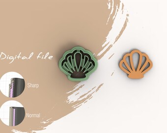 May include: Digital file for a seashell cookie cutter. The cutter is shown in two views, one with a green plastic finish and the other with a brown plastic finish. The image also shows a close-up of the cutter's edge, highlighting its sharpness.