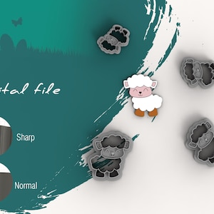 May include: A digital file for a cookie cutter in the shape of a cartoon sheep. The sheep is white with pink cheeks and brown hooves. The file is available in two formats: sharp and normal.