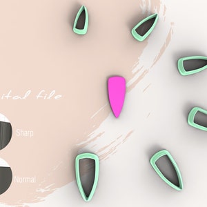 May include: A set of seven cookie cutters in the shape of a pointed leaf. The cutters are in various shades of green and pink. The cutters are arranged in a circle on a white background. The text "Digital file" is visible in the image.