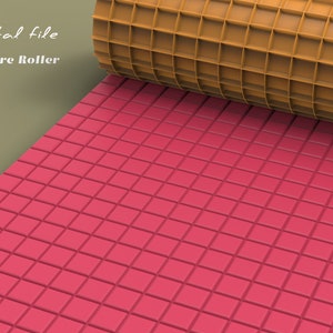 Puede incluir: Imagen digital de un rodillo de textura. El rodillo tiene un patrón de cuadrícula en color dorado, rodando sobre una superficie de cuadrados rojos. Las palabras "Digital file" y "Texture Roller" están en blanco.